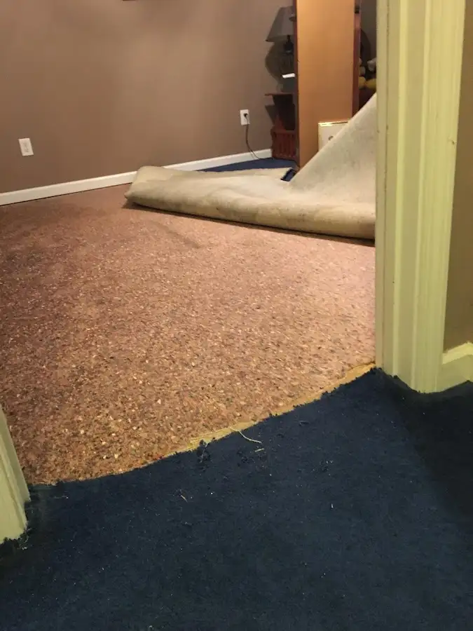 Carpet pad removal revealing water damage during Drying & Dehumidification in Benton